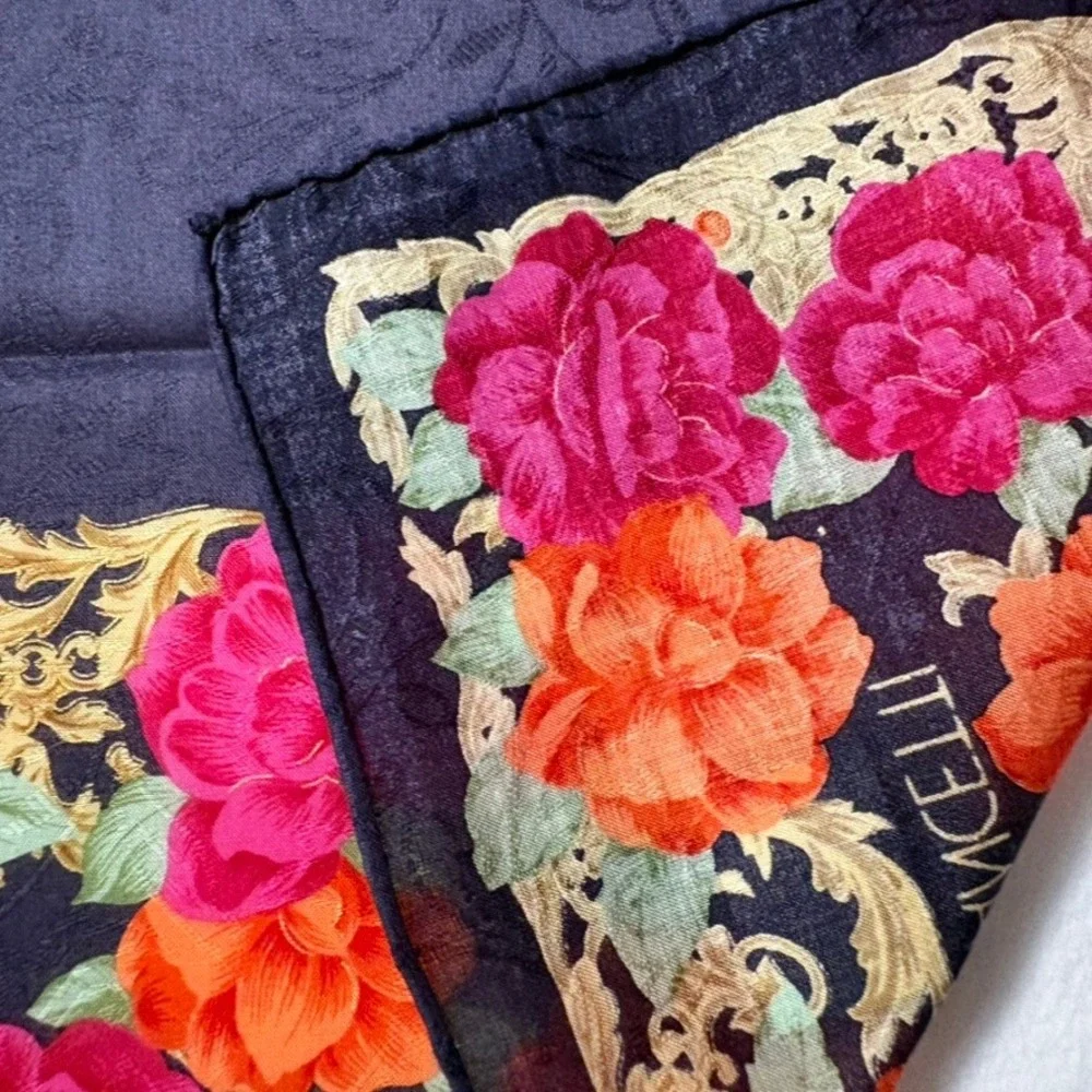 Vtg LANCETTI Scarf Handkerchief Floral Rose Cotton Navy Blue 20.5